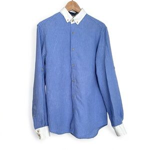 Tristan 100% Linen Pinstriped Button Down Shirt Blue Striped Size S